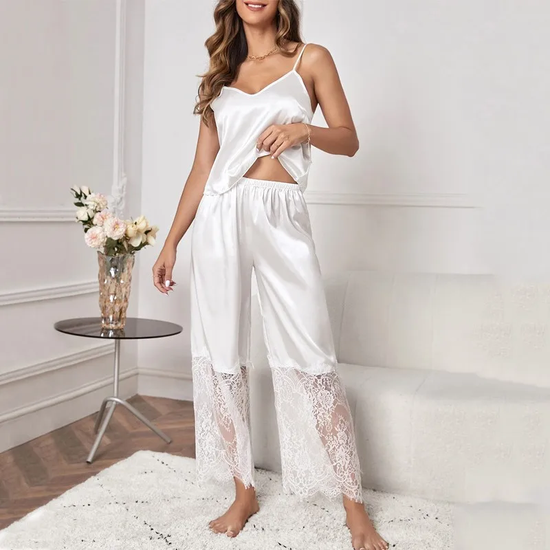 

Lace Strap Top&Pants Sleep Suit Women Sexy Satin Sleepwear V-Neck Pajamas Set Lounge Wear Nightwear Intimate Lingerie