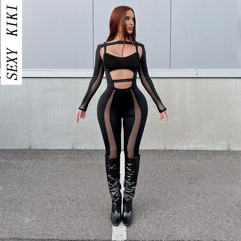 

2022 autumn new solid color hollow mesh stitching long-sleeved jumpsuit sexy and chic jumpsuit