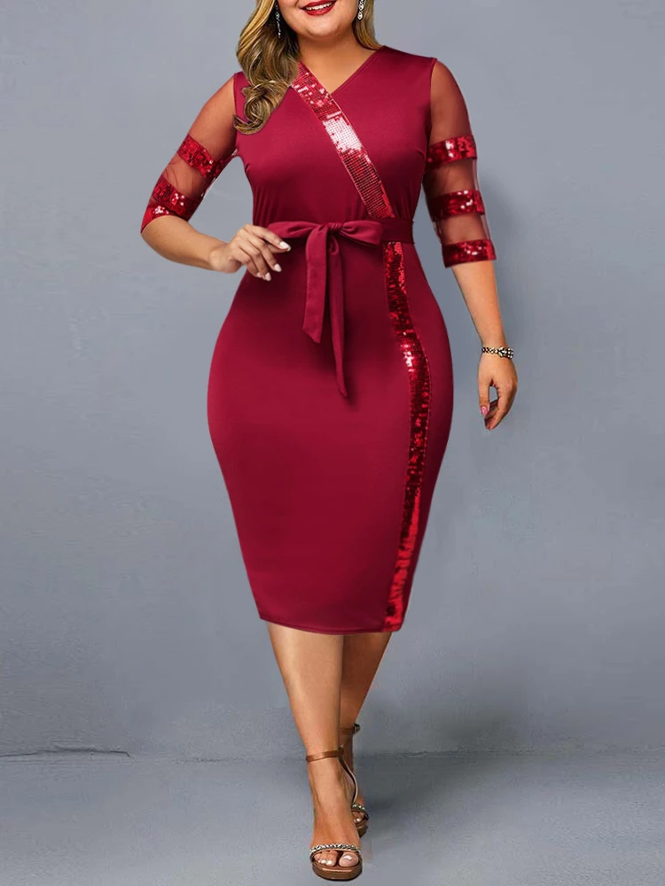 Plus Size 5XL Women Red Dresses Mesh Sequin Stitching Patchwork Short Sleeve Robes Midi Birthday Party Event Ball Gowns Sashes