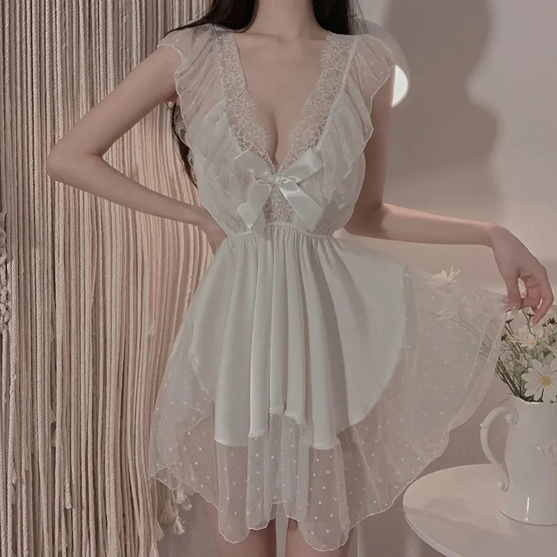 Night Dress Women Sexy Lingerie Pajamas Summer Thin Lace Suspenders Nightdress V-Neck Fashion Dress Pure Desire Wind Home Wear