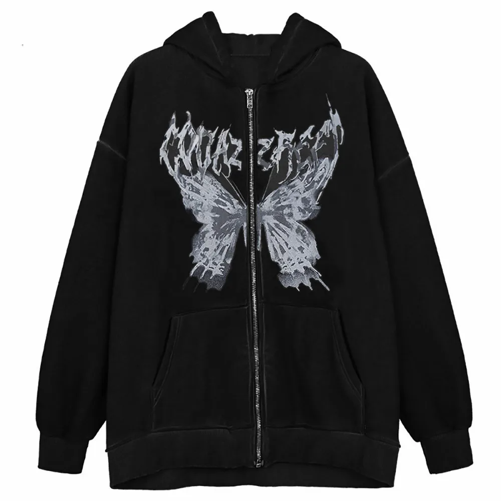 Gothic Butterfly Print Hooded Autumn Winter Y2K Hoodies Zip Up Women Jackets Streetwear Men's Sweatshirts Harajuku Casual Tops