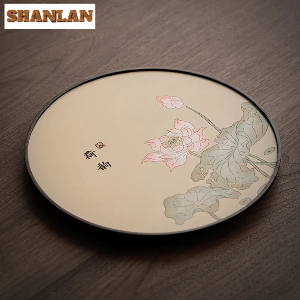 Круглый бамбуковый поднос для чая с лотосом расписанный вручную бутиковая