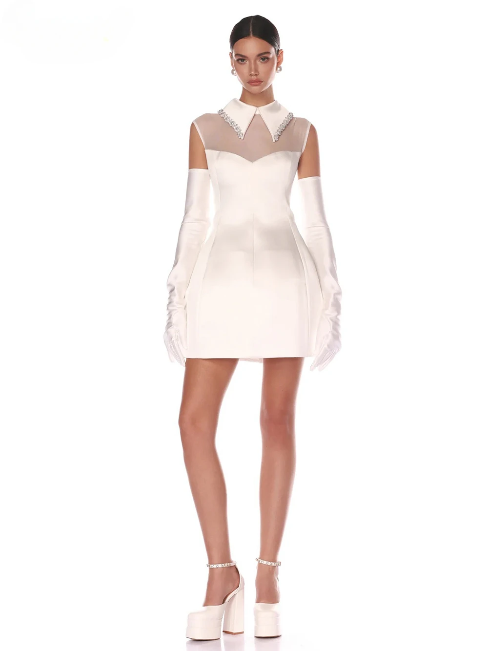 Элегантное бальное платье с белым жемчугом и цепочкой мини-платье перчатками