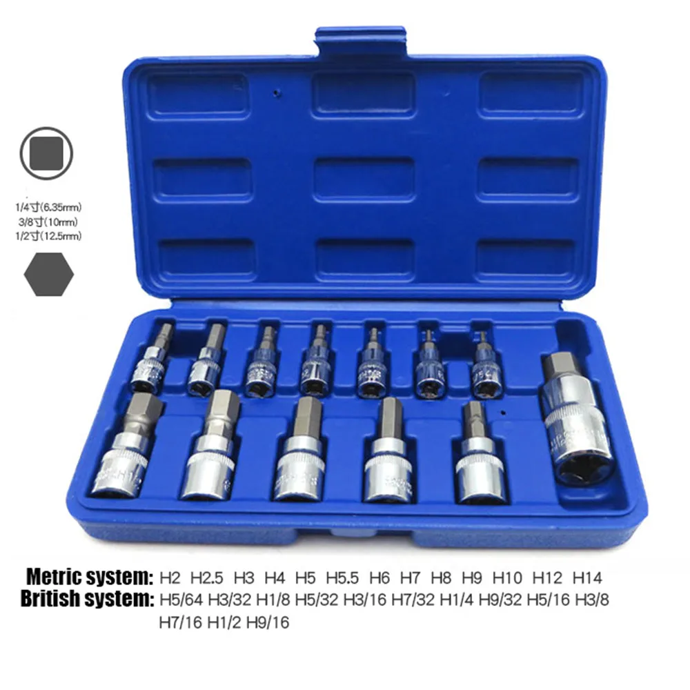 

Universal 13 Pcs/Set Sleeve Head Hex SAE and Metric Sized Sockets Wrench Cr-v 3/8"" 1/4"" 1/2"" Drill Bit Socket Bit Set Adapter