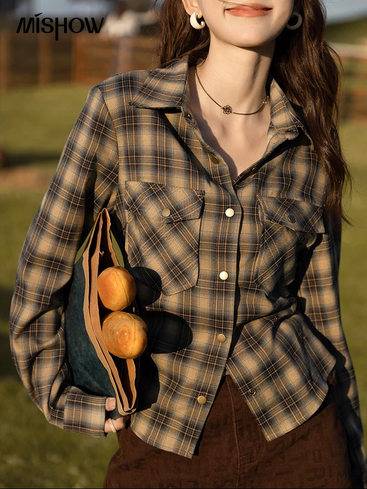 

MISHOW Women's Plaid Shirt 2022 Autumn Vintage Pockets Turn-down Collar Female Clothing Single Breasted Casual Shirts MXB37C0630
