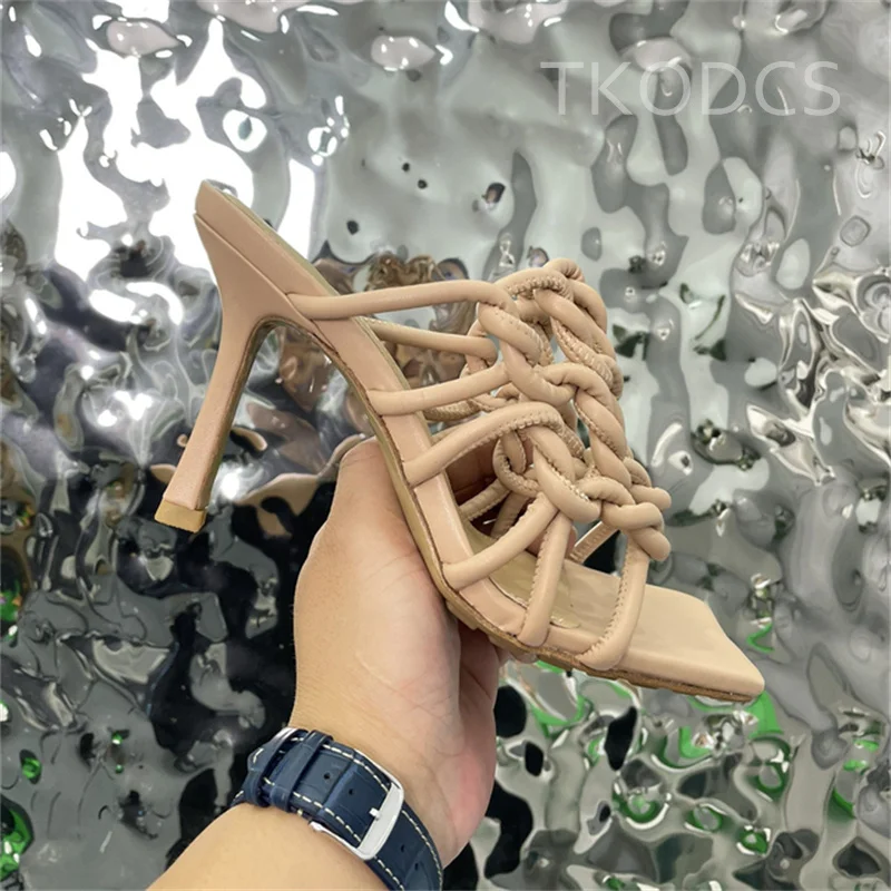 

Шлепанцы женские из натуральной кожи, оплетка, квадратный носок, высокий каблук, сланцы, Эротичные летние туфли-шпильки