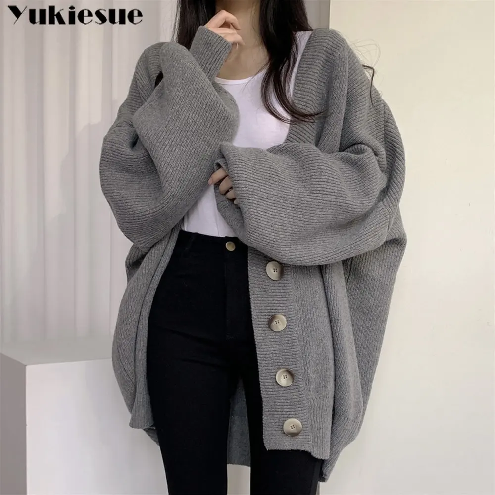 

Autumn Winter Casual Vintage Solid CardiganWomen Korean Lazy Style Vneck Singlebreasted Lantern Sleeves Knitted Sweater Knitwear