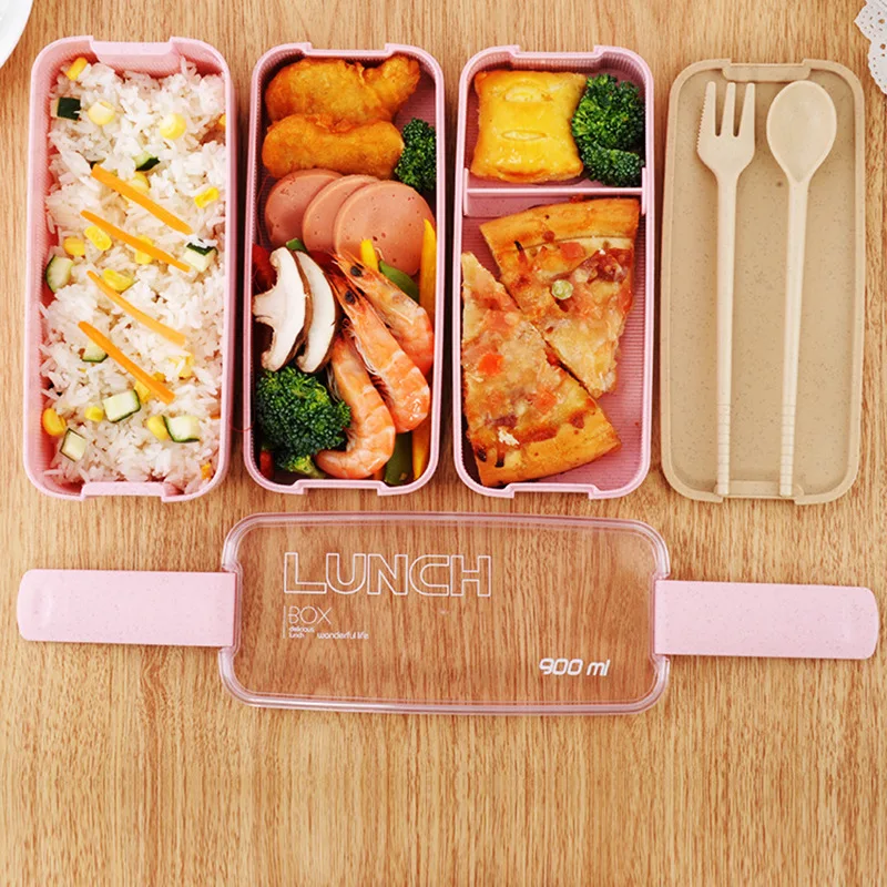 

Portable Wheat Straw Lunch Box Three Layer Lunchbox Student Office Sealed Compartment Bento Lunch Box Microwave With Tableware