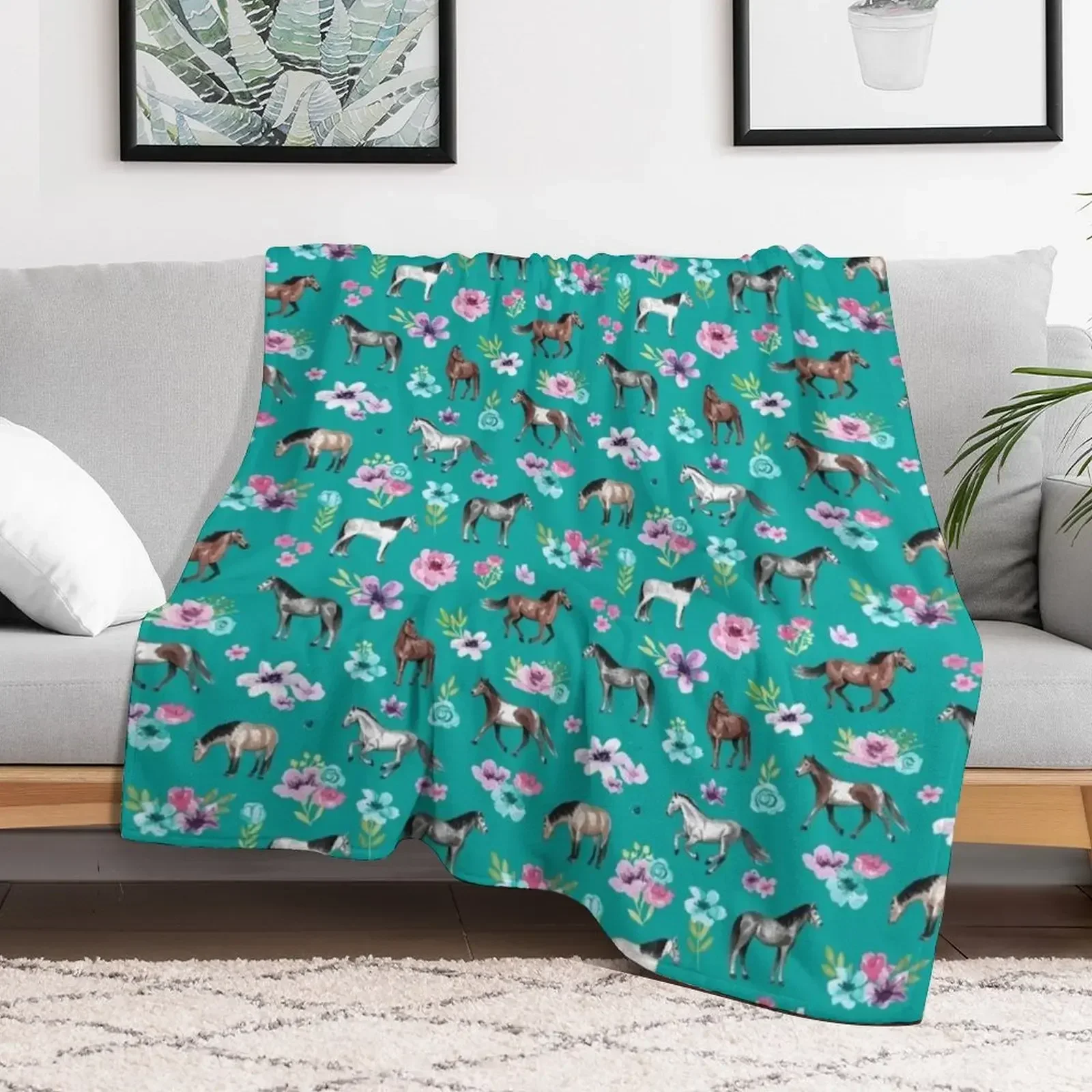 Лошади и цветы на бирюзовом цвете бирюзовый принт лошади искусство одеяло в