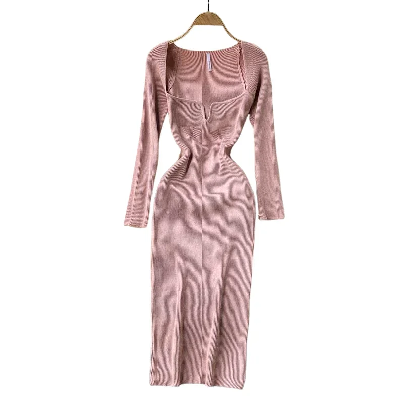 Зимнее и осеннее женское вязаное платье с квадратным воротником модное