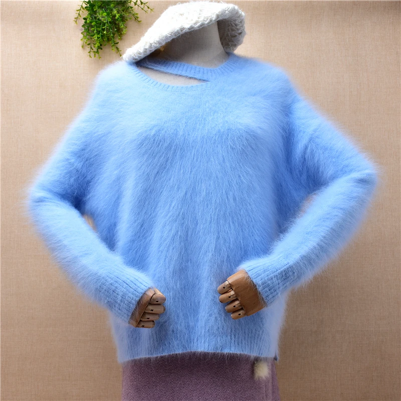 

Female Women Fall Winter Sky Blue Hairy Mink Cashmere Knitted O-Neck Long Sleeves Split Loose Pullover Angora Fur Jumper Sweater