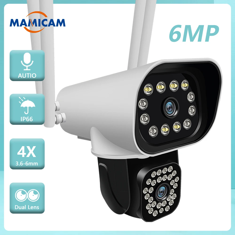 6MP Security IP Camera Dual Lens Dual Screen PTZ Outdoor Wifi Video Surveillance Camera Waterproof Auto Tracking iCam365