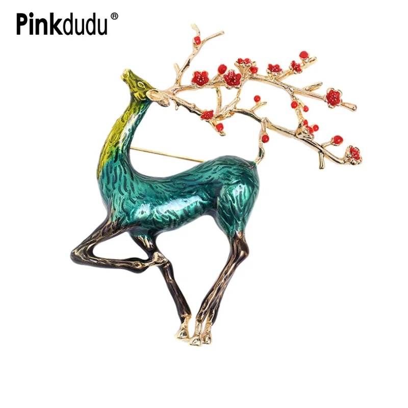 

Pinkdudu Christmas Deer Brooch for Women Unisex Elegant Red Flowers Reindeer Cute Animal Party Office Brooch Pins Gifts PD056