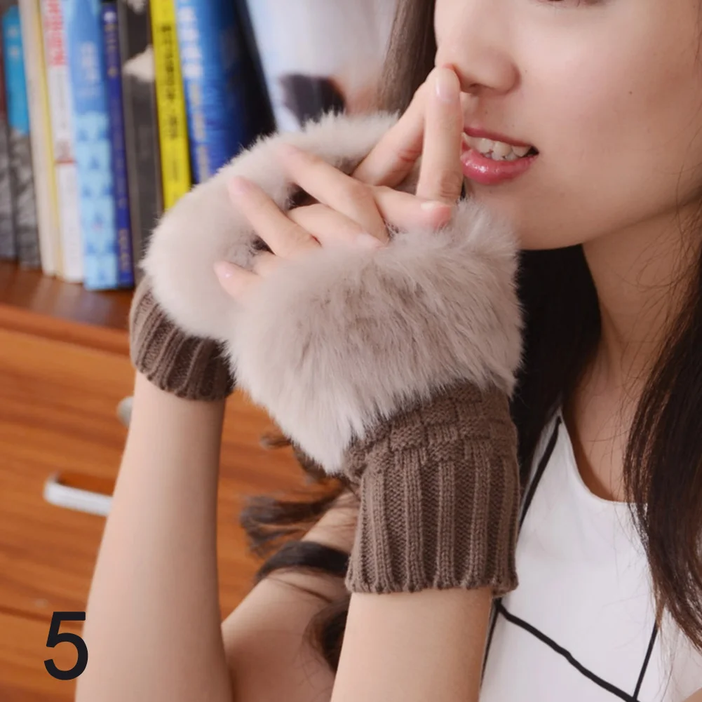 

Winter Solid Color Faux Rabbit Fur Gloves Arm Sleeve Cover Warmer Fingerless Wrist Gloves Knitted Mitten Fashion Women Gloves