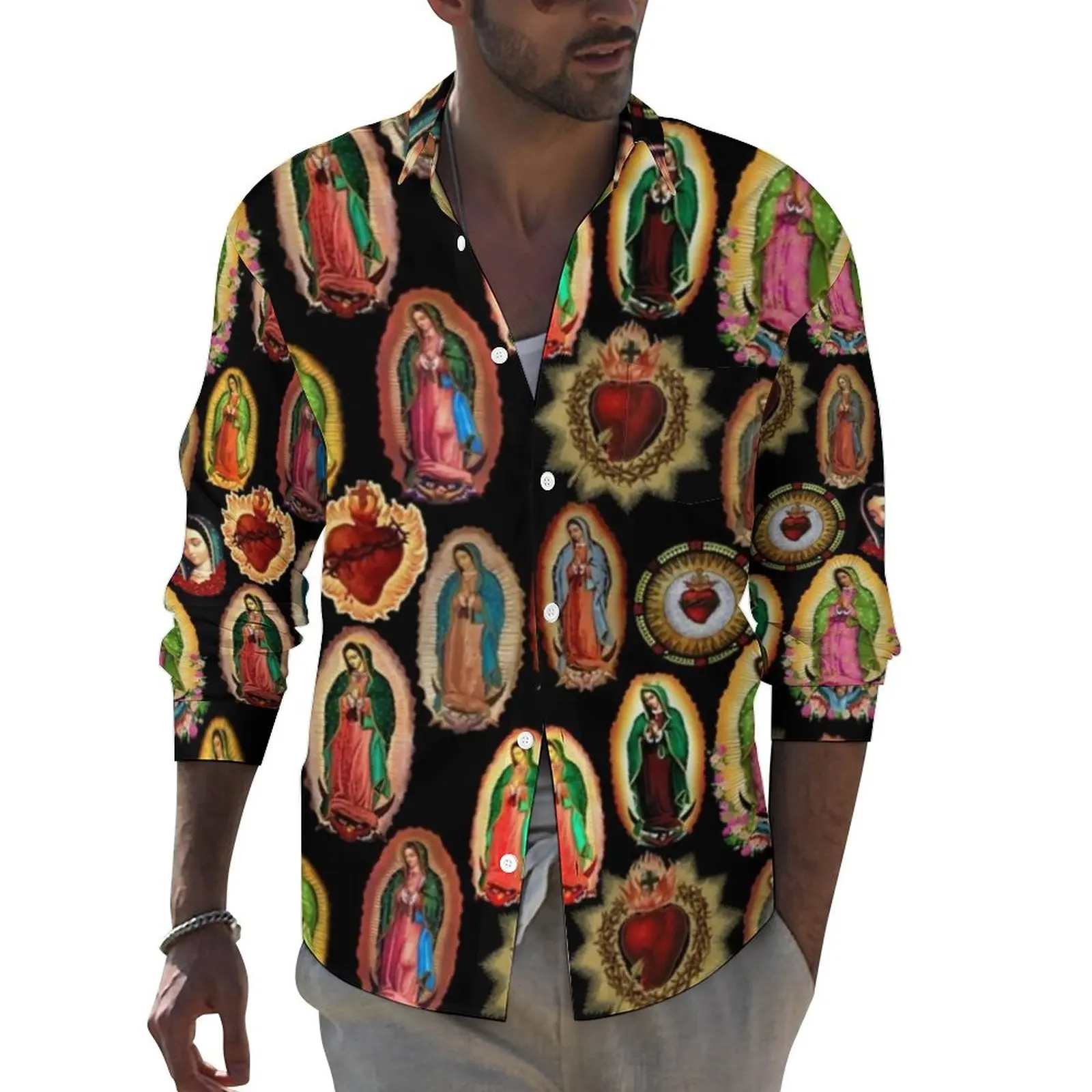 

Рубашка с изображением девы Марии, мужские повседневные рубашки с надписью «Богородица Гуадалупе», Осенние забавные блузки на заказ, тренд...
