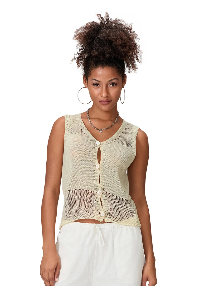 Women s Knitted Tank Tops Hollow Eyelet Sleeveless V-Neck Single-Breasted Open-Stitch Sweaters Cardigan