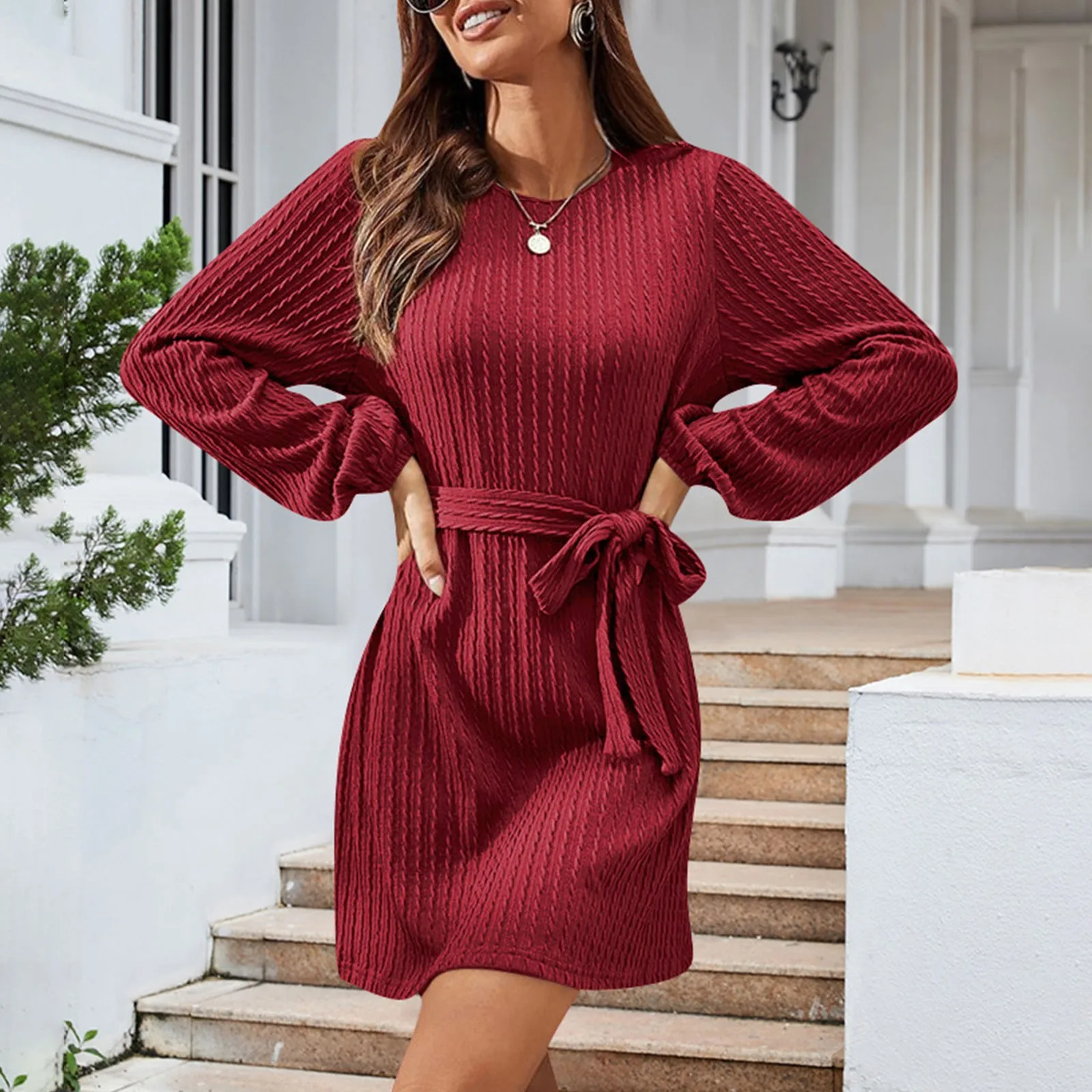 

Women dress Crewneck Long Sleeve Knitted Midi Sweater Dress Elegant Solid Color Casual Slim Belted Swing vestidos para mujer