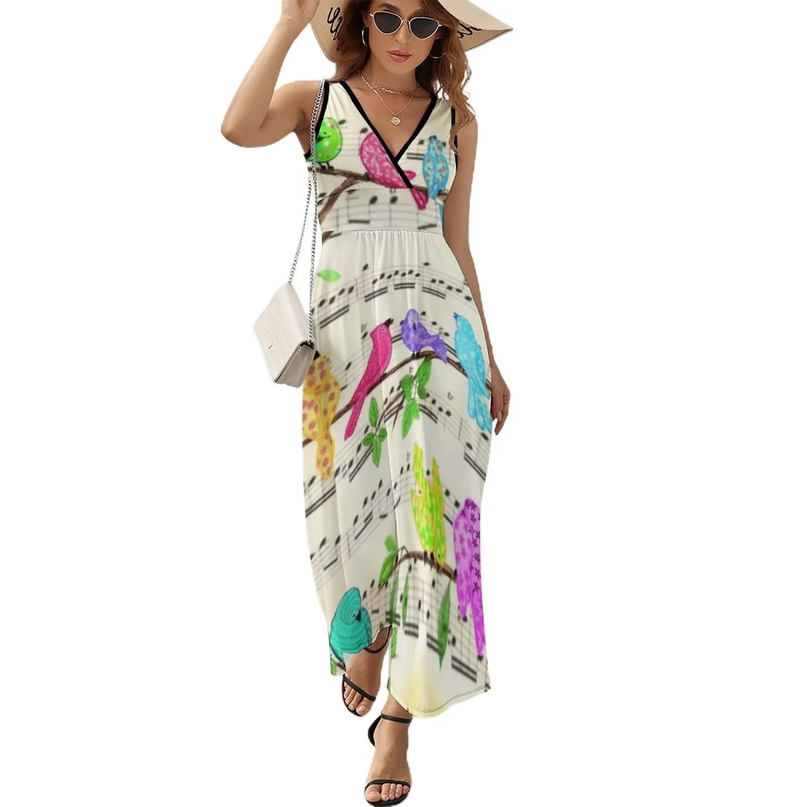 

Happy Music Dress Cute Colorful Musical Birds Aesthetic Bohemia Long Dresses Womens Vintage Custom Maxi Dress Gift