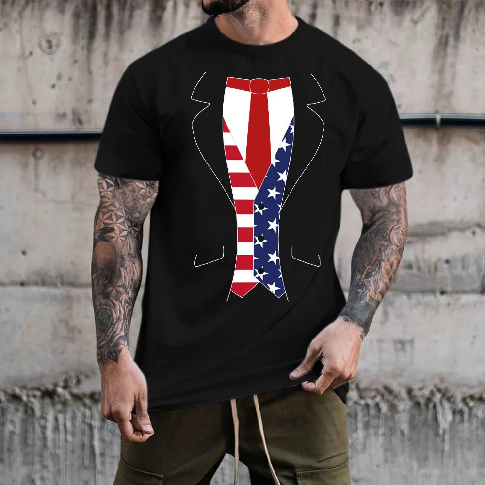 

Футболка мужская с круглым вырезом, повседневный костюм с принтом американского флага, рубашка с коротким рукавом и круглым вырезом, черный...