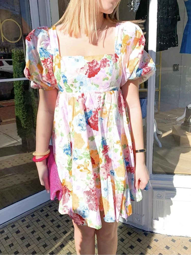 Gypsylady Boho Floral Chic Mini Dress Fancy Painted Summer Women Dresses Puff Sleeve Backless Holiday Casual Ladies Vestidos