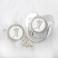 luxury silver crown 26 name initial letter baby pacifier with clip infant silicone dummy soother bling teat for baby unique gift