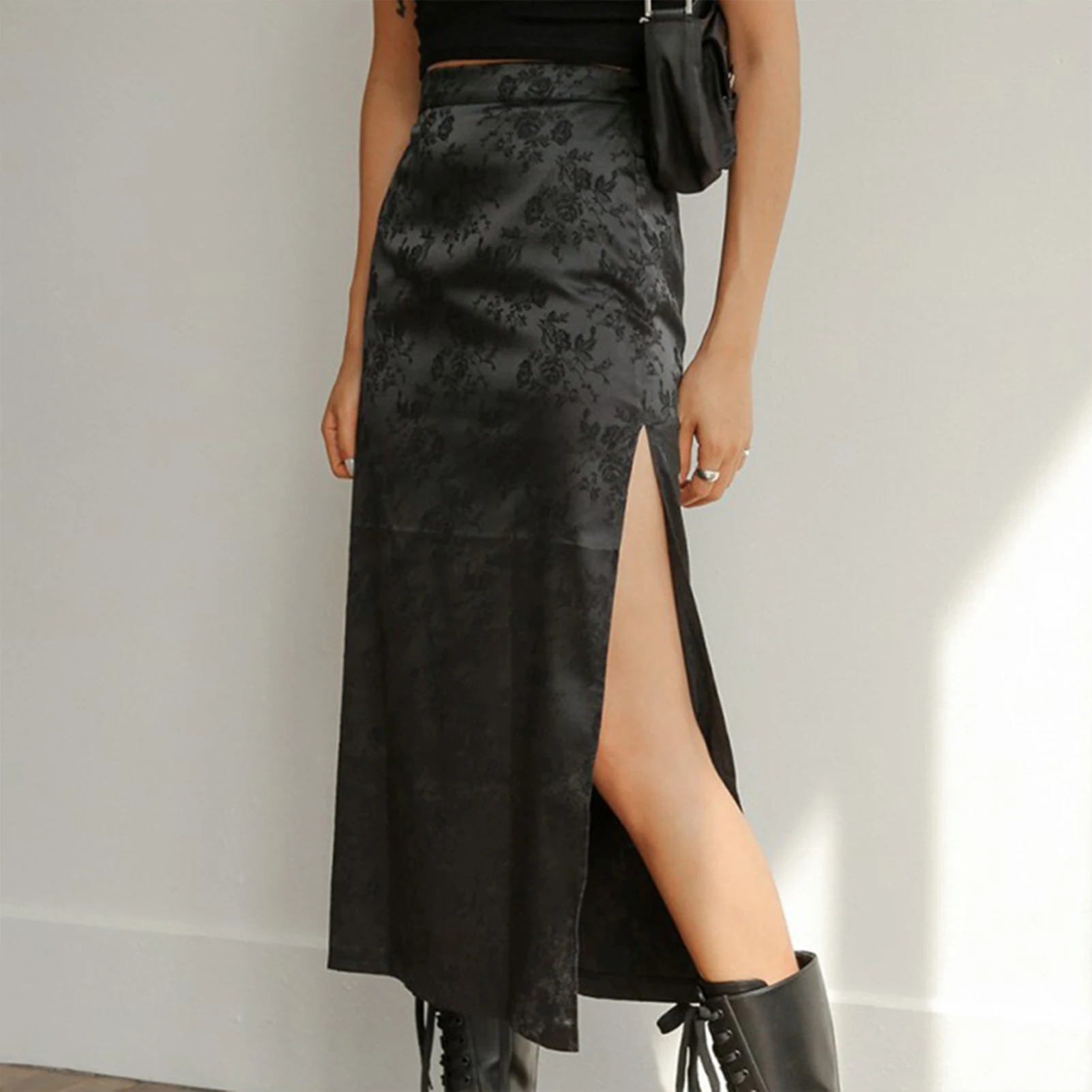 

Модная жаккардовая летняя юбка, черная винтажная длинная юбка с высокой талией, шикарные соблазнительные женские атласные юбки с разрезом сбоку, новинка, платье-туника