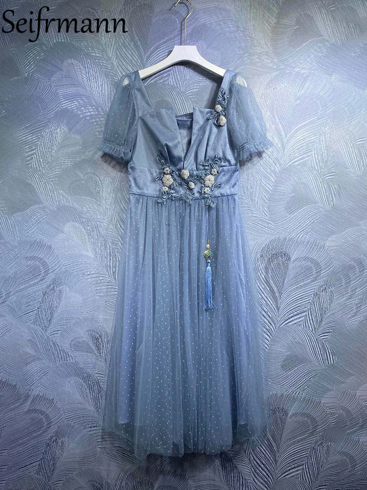 Seifrmann High Quality Summer Women Fashion Runway Mesh Dress Short Lantern Sleeve Embroidery Beading High Waist Blue Midi Dress