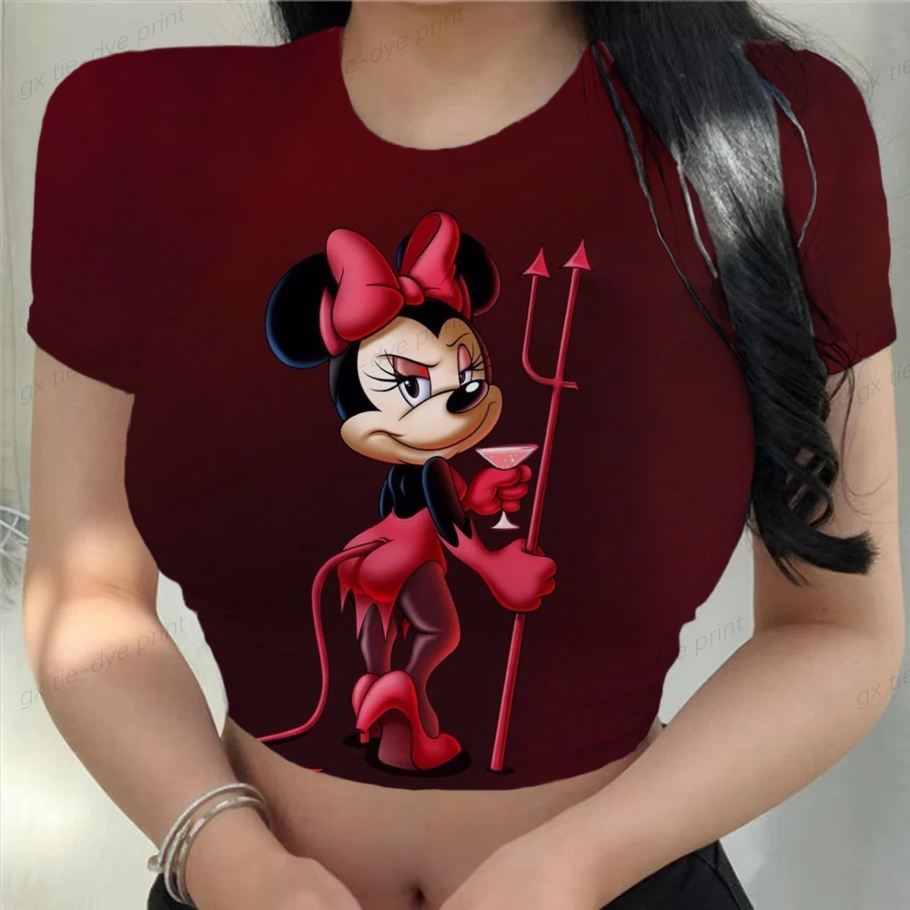 Disney Minnie Mickey Summer Slim Tee Tops Streetwear Gothic Harajuku Graphic Print T-shirt Women Vintage Crop Top Y2K clothes