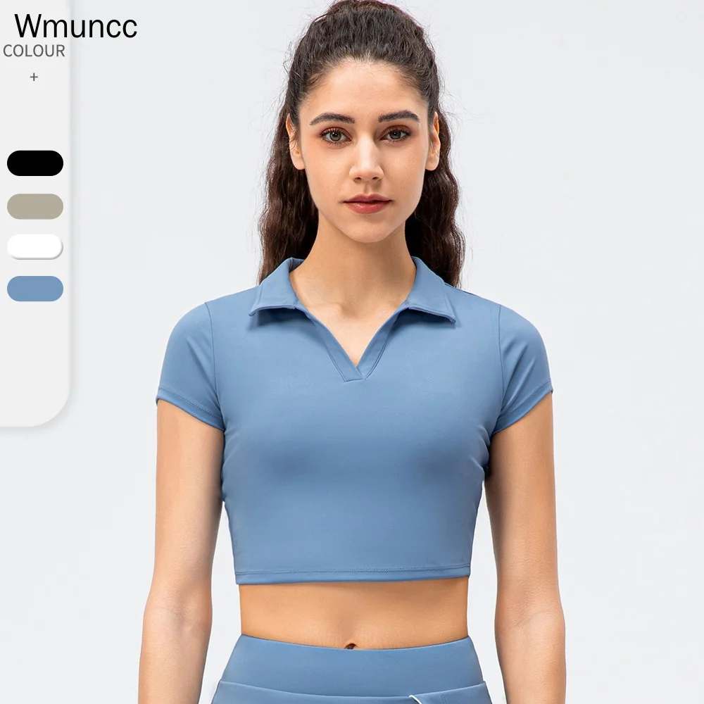 

Wmuncc Golf Wear Women's Sports Shirts Polo Tennis Clothe Short Sleeve Nylon Naked Feeling Fabric Workout Yoga Fitness Crop Top