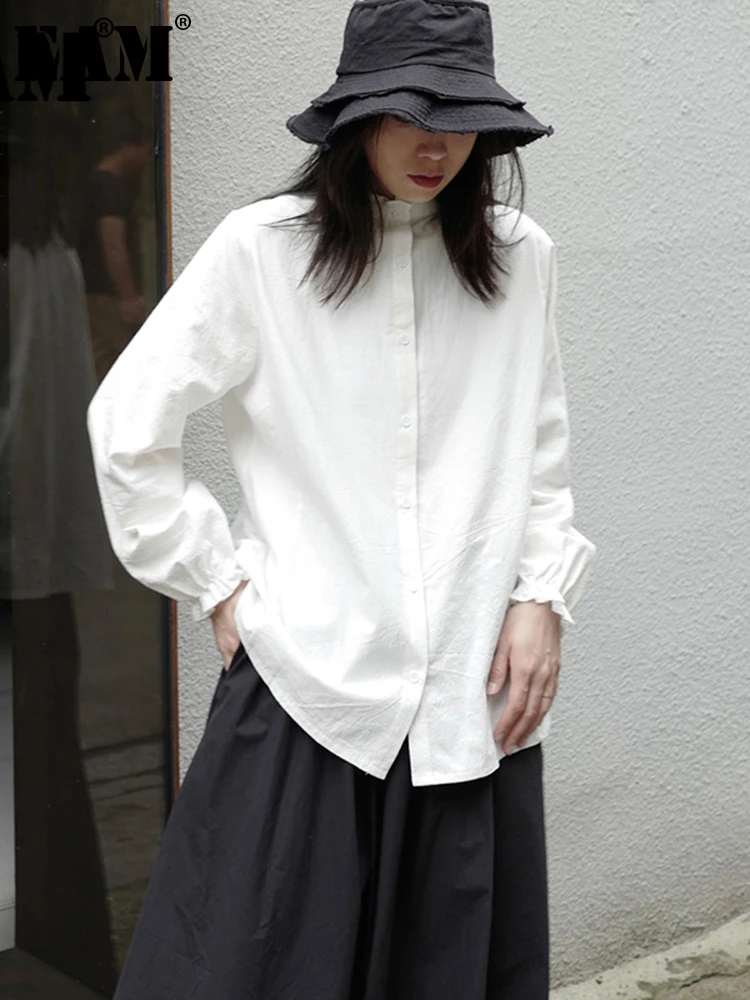 

[EAM] Women White Casual Ruffles Big Size Blouse New Stand Collar Long Sleeve Loose Shirt Fashion Spring Summer 2022 1DD9471