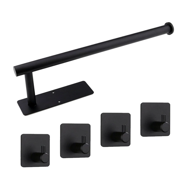 

Wall Mounted Paper Towel Holder With 4 Hooks, Black Free Punch Roll Paper Holder, Suitable For Bathroom, Kitchen
