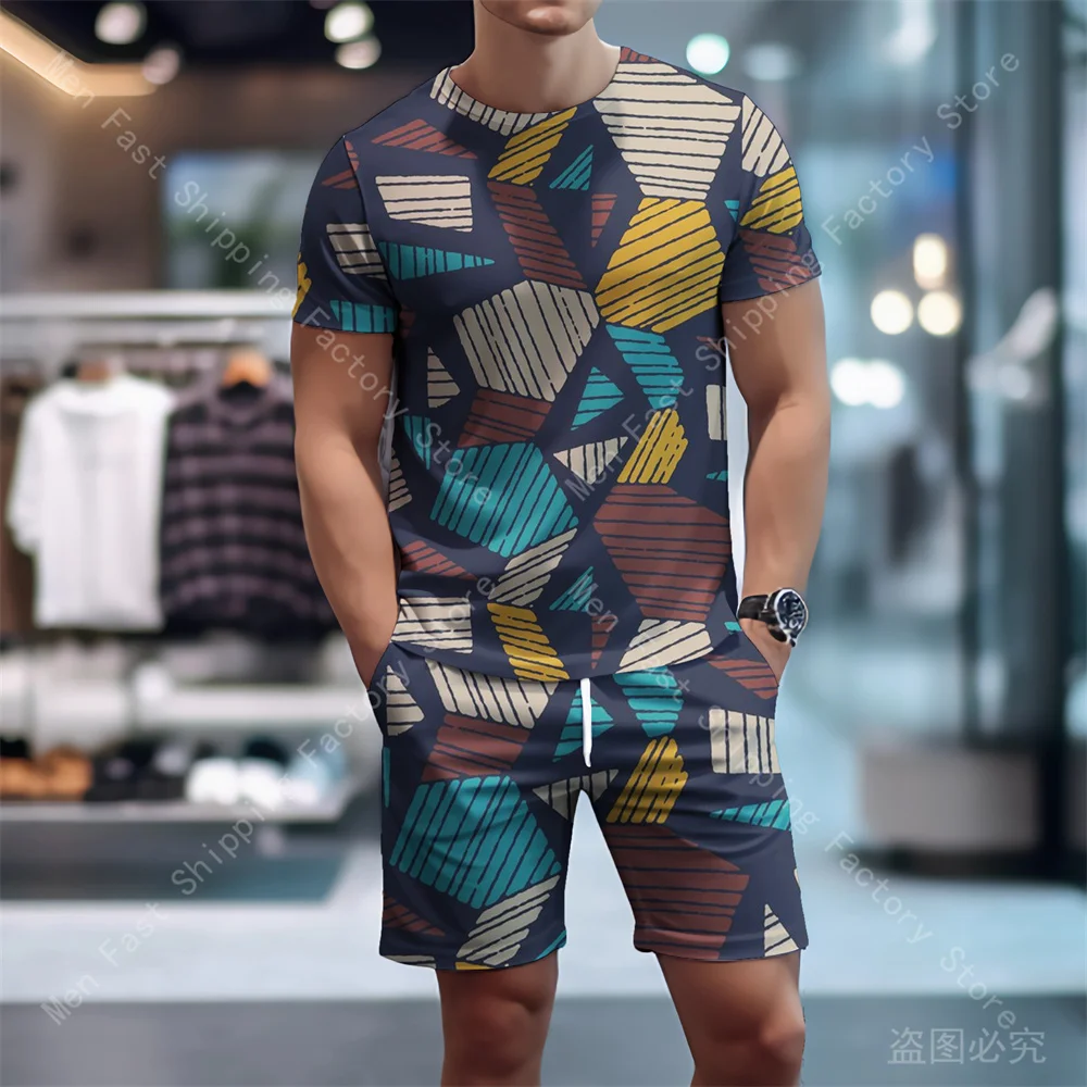 Summer Men T Shirt Shorts Sets Mesh Print Oversized T-shirts Sportswear Suits Male Casual Tops Fashion Tracksuits Men's Clothing
