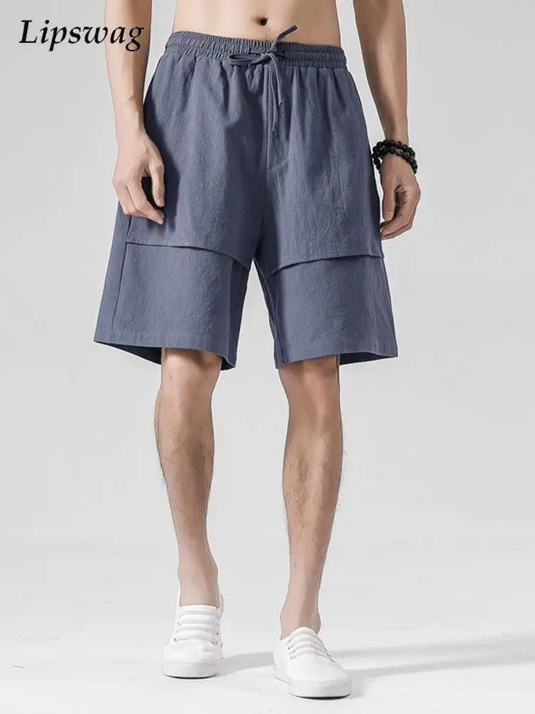 

2022 Summer Fashion Solid Color Loose Shorts Men Casual Mid Waist Lace-up Short Pant Mens Streetwear Simple Patchwork Pant Male