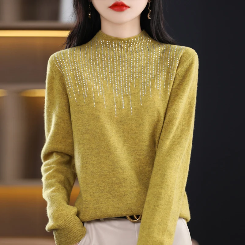 

100% Pure Wool Sweater Women's Half High Collar Pullover Fashion Top with Diamonds Autumn and Winter Knitting Base Coat