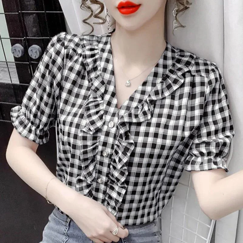 Sweet V-Neck Spliced All-match Ruffles Lattice Shirt Female clothing 2023 Summer New Oversized Casual Tops Office Lady Blouse