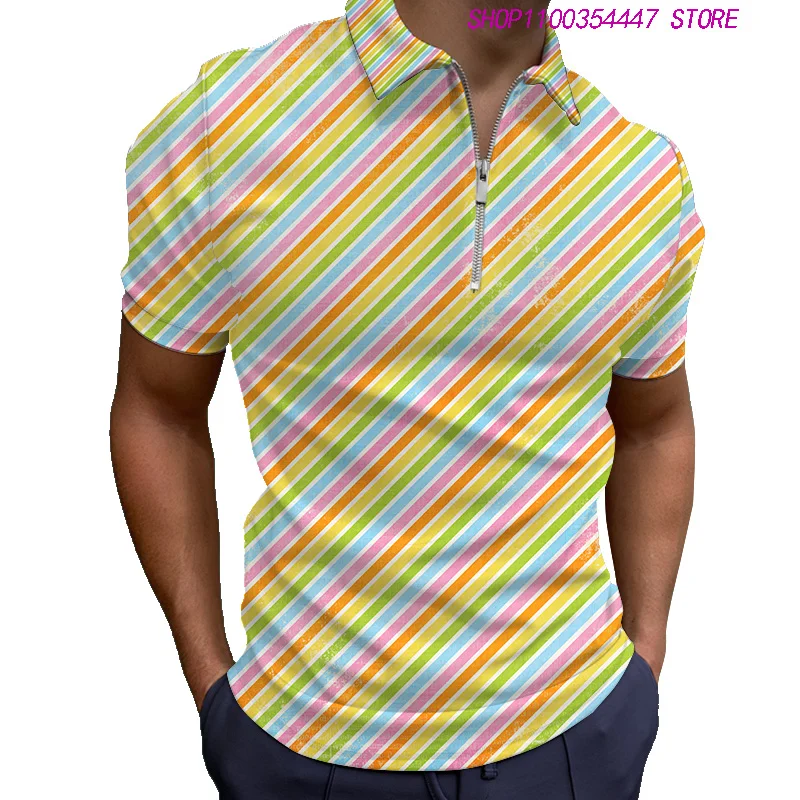 New Shirt Fashionable Stripe Stitching Short Sleeve Shirt Men's Casual Lapel Zip-up Polo Shirt Summer 2022 Men's Slim
