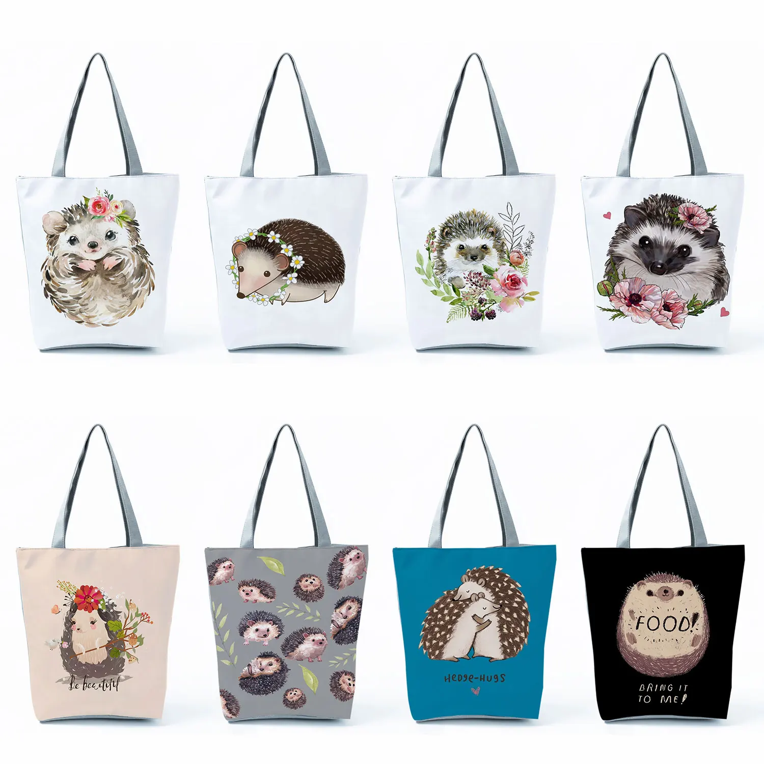 

Женские сумки-тоуты с рисунком ежика и цветов, дизайнерские сумки для покупок с индивидуальным логотипом, экологически чистая многоразовая сумка через плечо с милыми животными