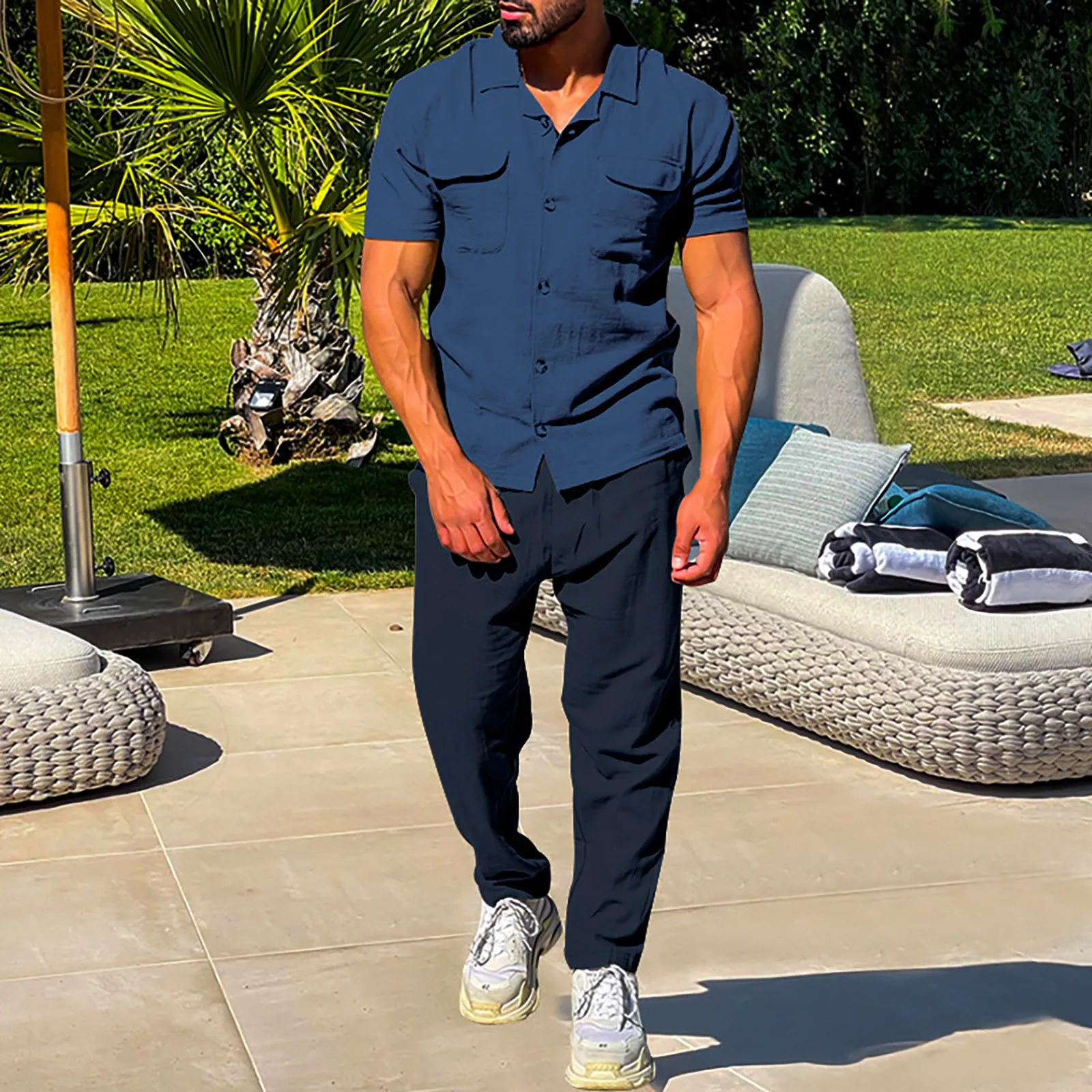 Cotton Linen Men Business 2 Piece Suit Button Shirts Black Long Pants Male Set Workwear Ropa Hombre Social Outfits Conjuntos