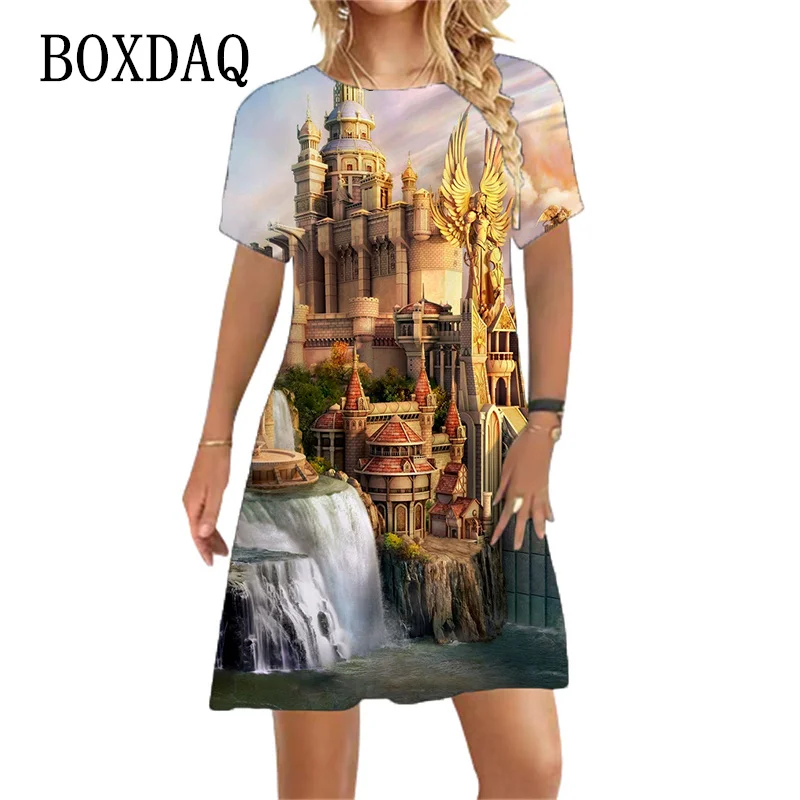 

Модные платья с архитектурным принтом масляной живописи для женщин, летнее повседневное пляжное платье, свободное мини-платье большого размера с коротким рукавом