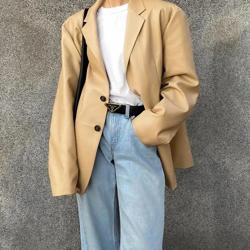 New Women's 2021 Autumn and Winter Long-sleeved Temperament Trend Solid Color Lapel Single-breasted Loose-fitting Glossy Jacket
