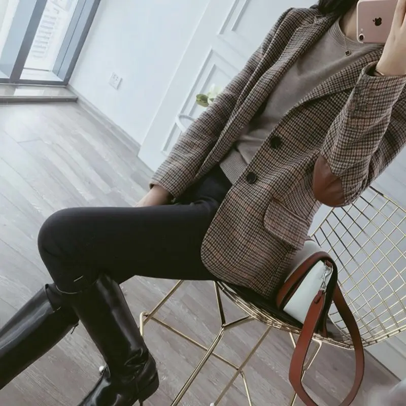2022 New Slim Fit Women Retro Plaid Blazer Korean Style Elegant Womens Woolen Suit Jacket Single-breasted Blazer Femenino Street