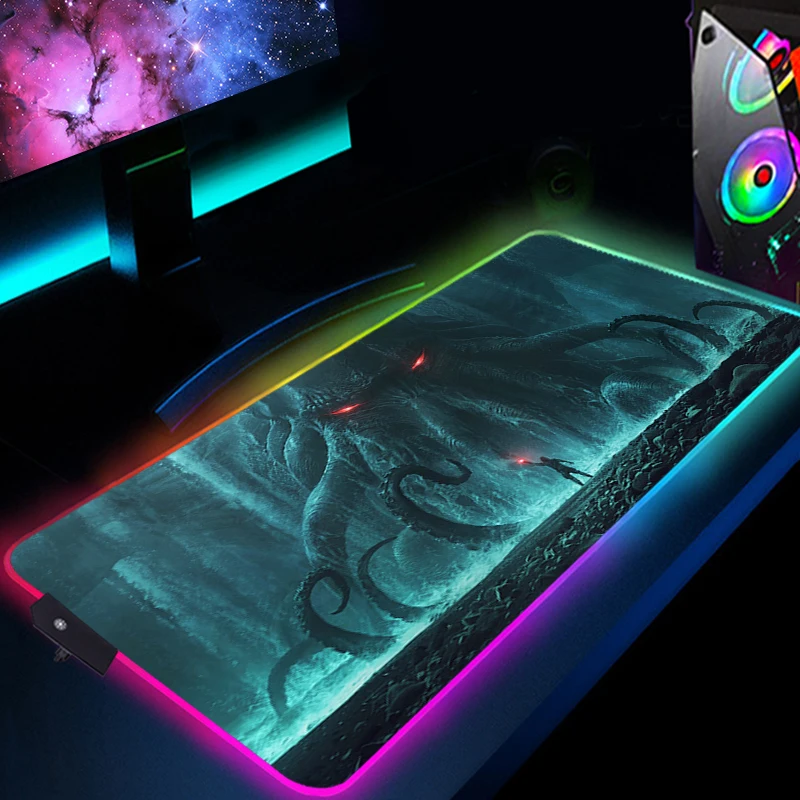 

Cthulhu RGB Luminous Desk Mat With Wire Mouse Pad Pc Accessories LED Gamer Keyboard Backlight Mousepad Xxl Large Gaming Extended