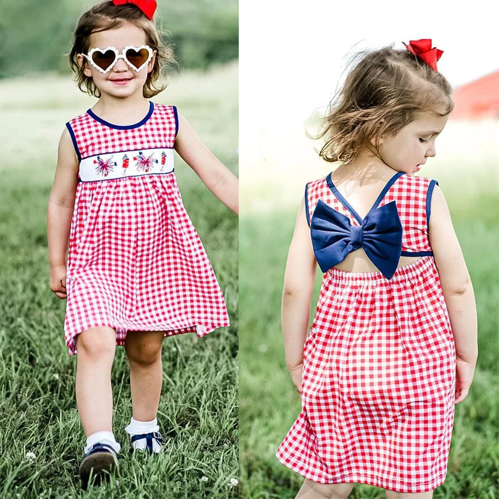 

Kids Girls 4Th Of July Dress Newly Boutique Fireworks Embroidery Sleeveless Dress With Bowties Backless Vestidos 1-14 Years