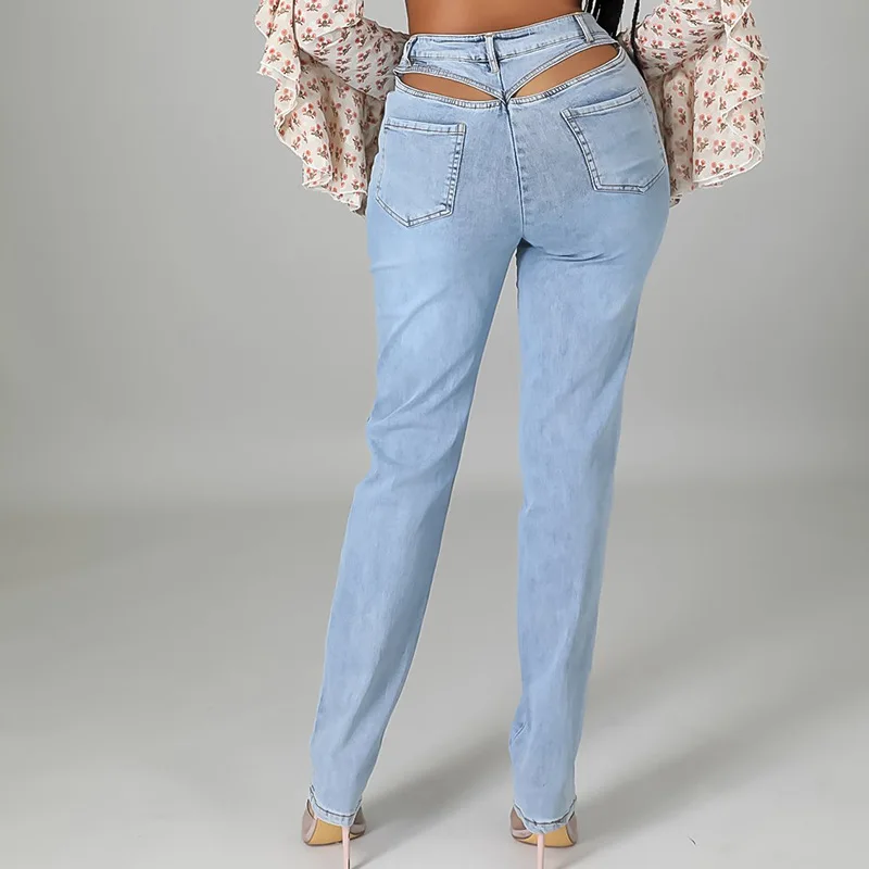 Summer Sexy Jeans High Waist Washed Skinny Pencil Denim Pants Trousers Back Waist Hollow Sexy Stretch Jeans for Women Jeans