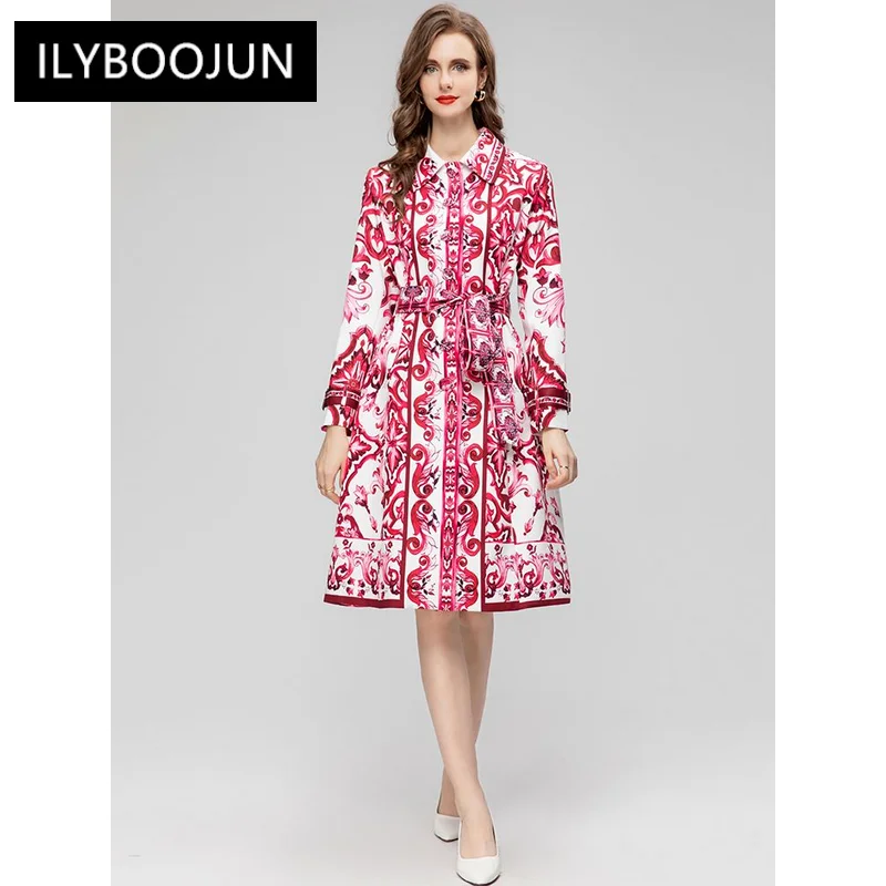 

Autumn Trench Coat Women Turn-down Collar Long Sleeve Lace-Up Red Flowers Print Vintage Outwear Dresses For Women 2023 Luxury