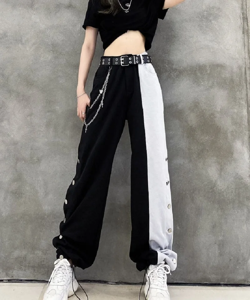 

Two Tone Wide Leg Pants Cargo Pants Casual Hip Hop Fashion Punk High Waist Vertical Mopping Pants Drawstring Pants Harem Pan