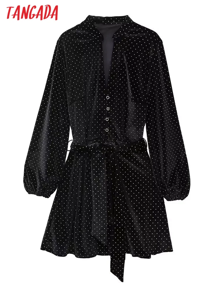 

Tangada 2022 Women Black Dots Velvet Dress With Slash Long Sleeve Office Ladies Mini Dress 6H126