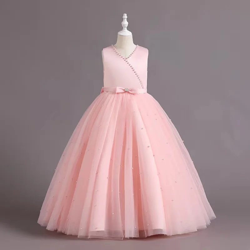 

New Kids Wedding Dresses Elegant Beading Girls Princess Long Gown Children Christmas Performance clothing Vestidos 8-14 Yrs