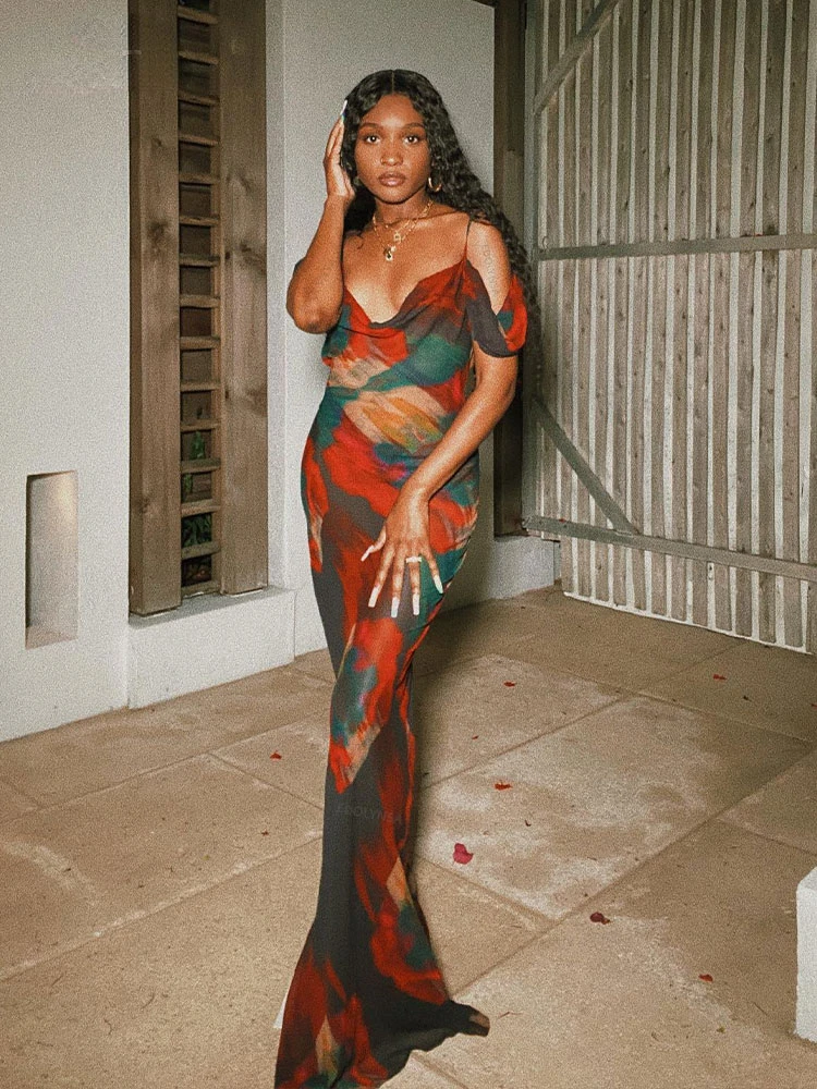 

2023Boho Print Cold Shoulder Vacation Beach Dress Women Summer Clothes Sexy See Through Spaghetti Strap Party Dresses Sexy Dress