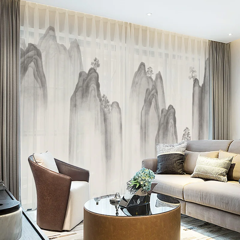 

Custom Chiffon Sheer Curtain Window Drape for Bedroom Living Room Mountain Hill Trees Landscape